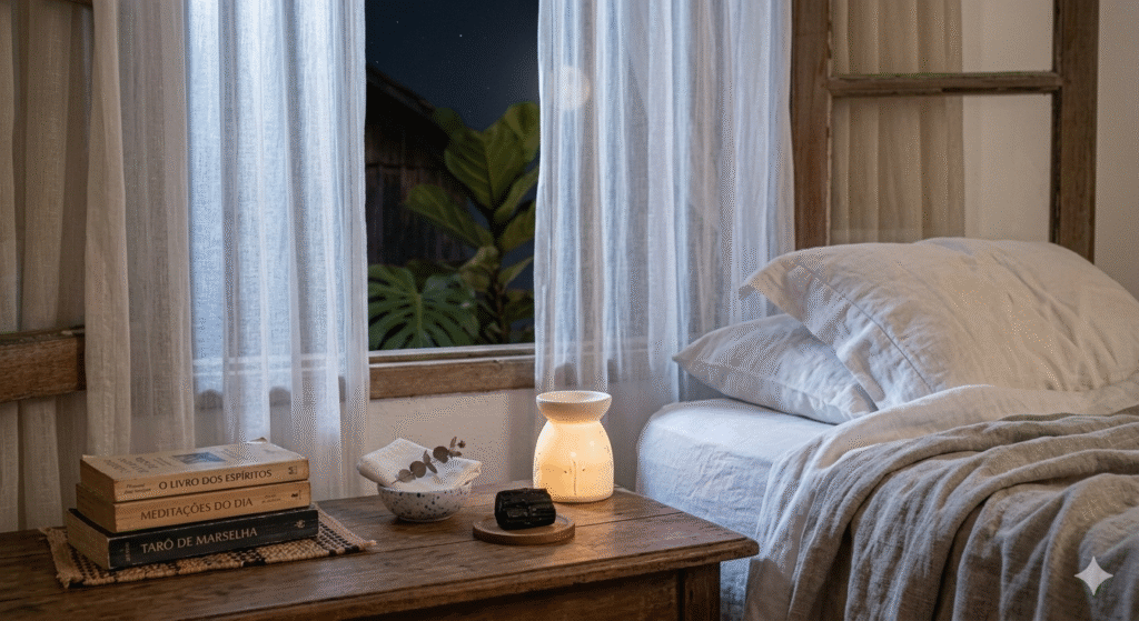 quarto tranquilo com luar pela janela e cristal de proteção no criado-mudo após ritual de lua cheia para proteção energética