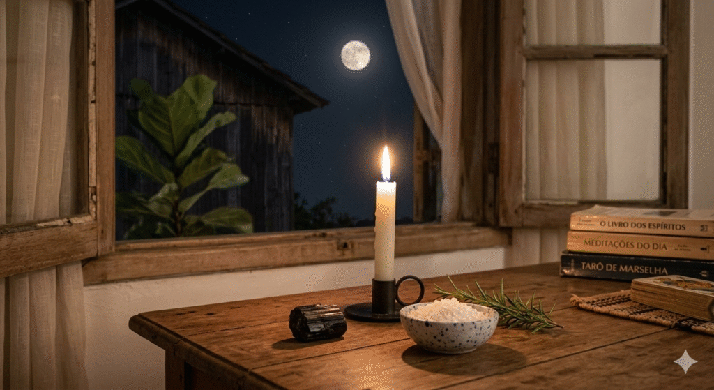 mesa com vela branca acesa, turmalina negra, sal grosso e alecrim preparados para ritual de lua cheia para proteção energética