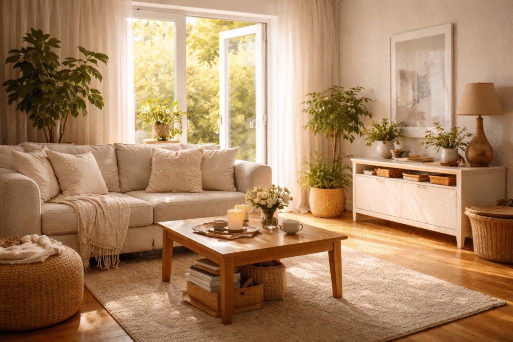 Sala de estar organizada e iluminada com plantas naturais, sofá claro e luz solar entrando pela janela