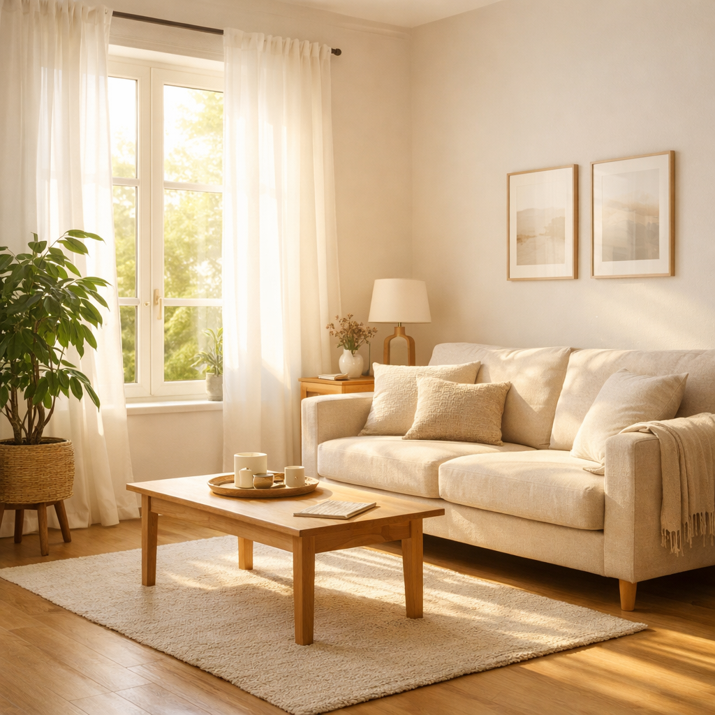 Limpeza energética do lar com luz natural entrando pela janela e ambiente organizado