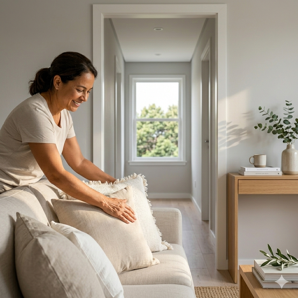 Pessoa organizando sala de estar iluminada mostrando que organizar é passo essencial para blindar energia do lar