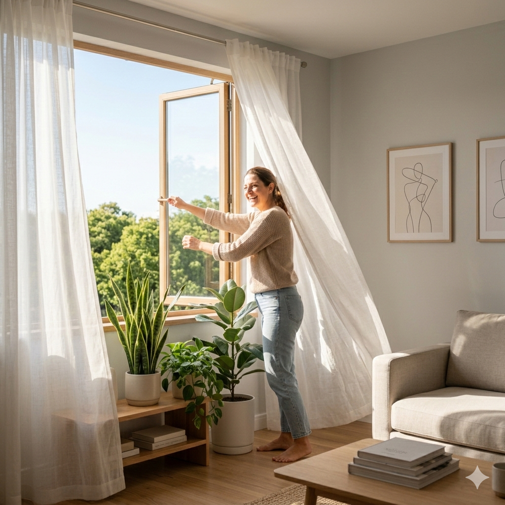 Abertura de janelas durante ritual de limpeza energética do lar