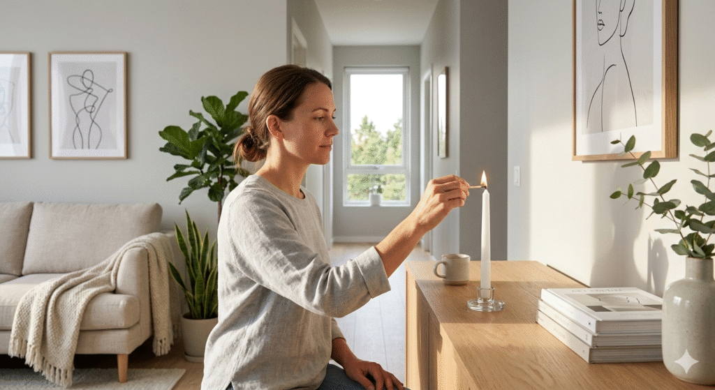 Pessoa acendendo vela branca em ambiente organizado como prática simbólica para blindar energia do lar