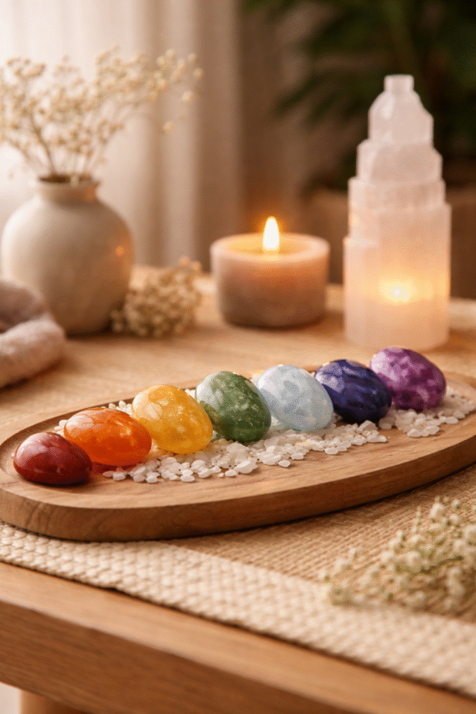 Sete cristais coloridos representando os chakras alinhados sobre uma superfície natural, usados para harmonização energética e equilíbrio espiritual.