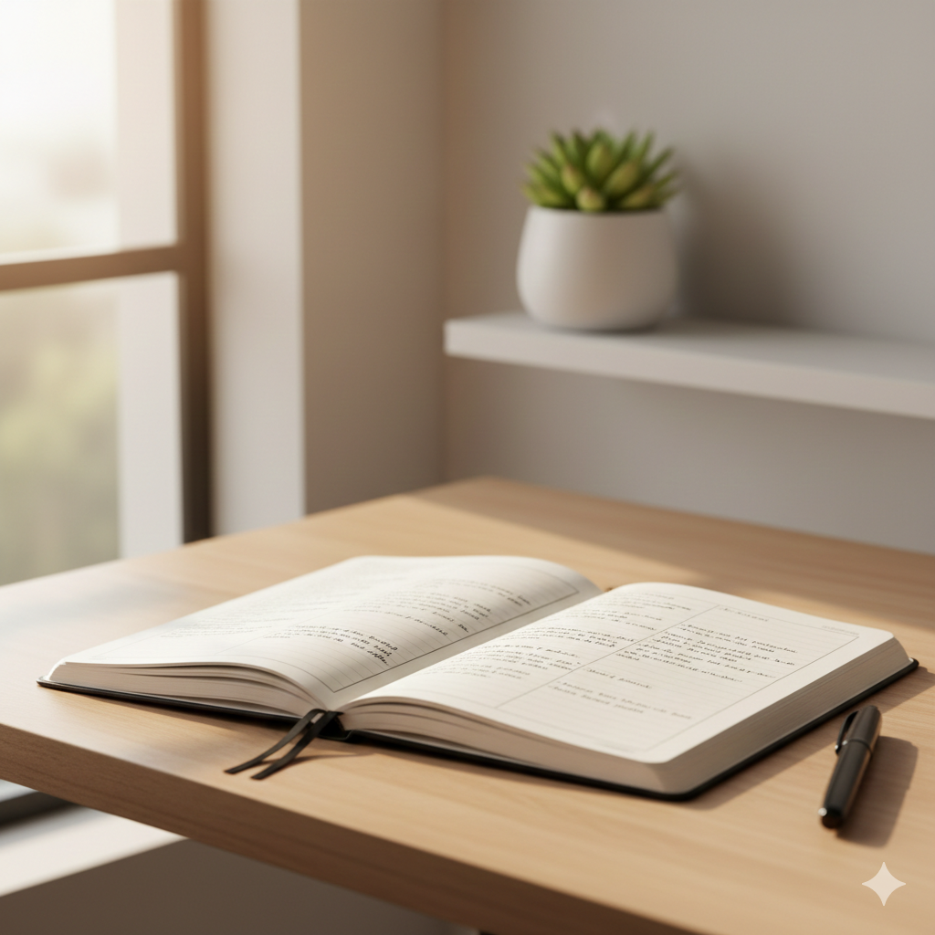 Caderno aberto com anotações de mantras e orações sobre mesa de madeira com iluminação natural.