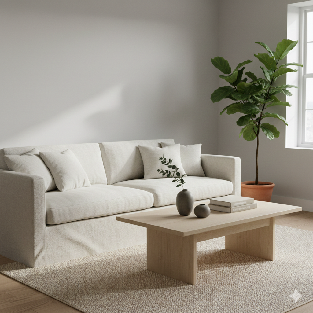 Sala organizada representando minimalismo no lar com poucos objetos e iluminação natural.