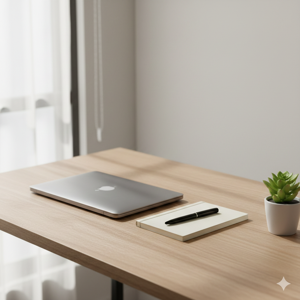 Mesa de trabalho organizada com poucos objetos representando minimalismo e foco.