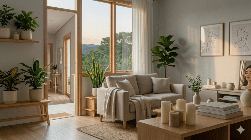 quarto tranquilo com luz suave e atmosfera de equilíbrio espiritual