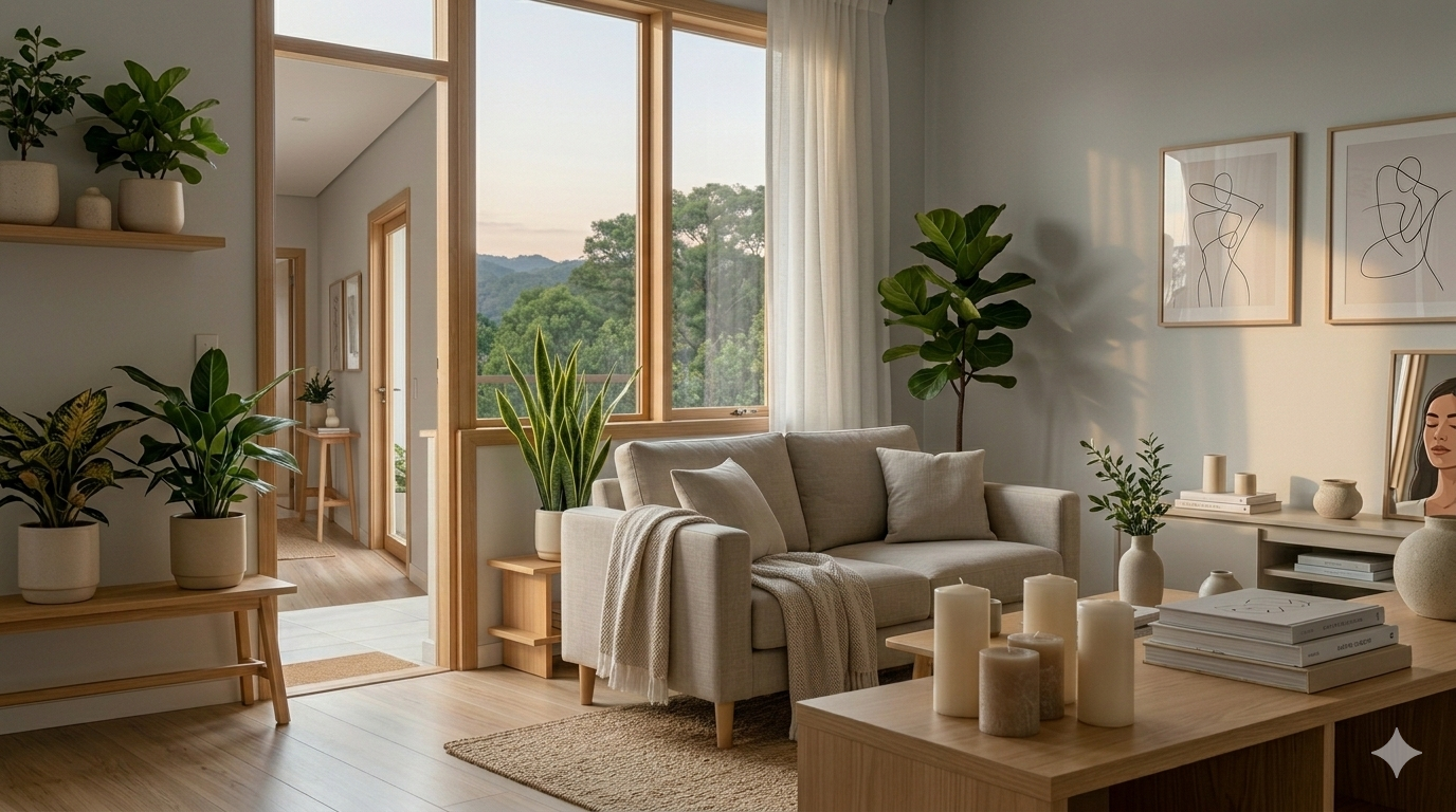 quarto tranquilo com luz suave e atmosfera de equilíbrio espiritual