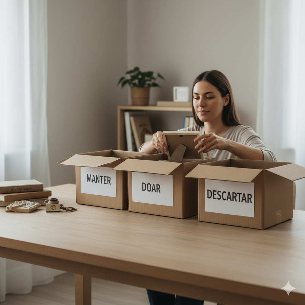 Pessoa praticando minimalismo ao organizar objetos para doação e descarte consciente.