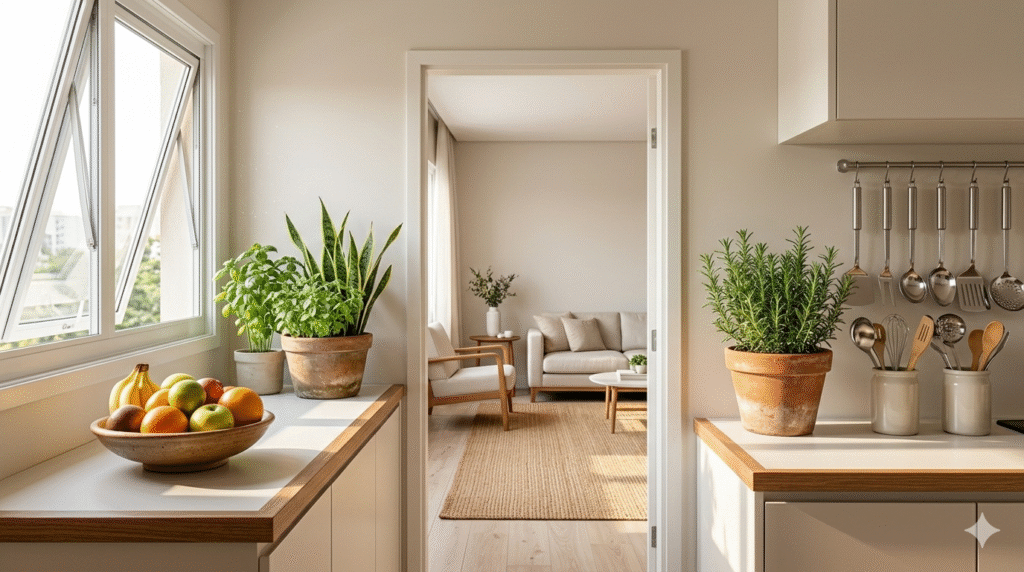 cozinha organizada com frutas e ervas naturais promovendo energia leve