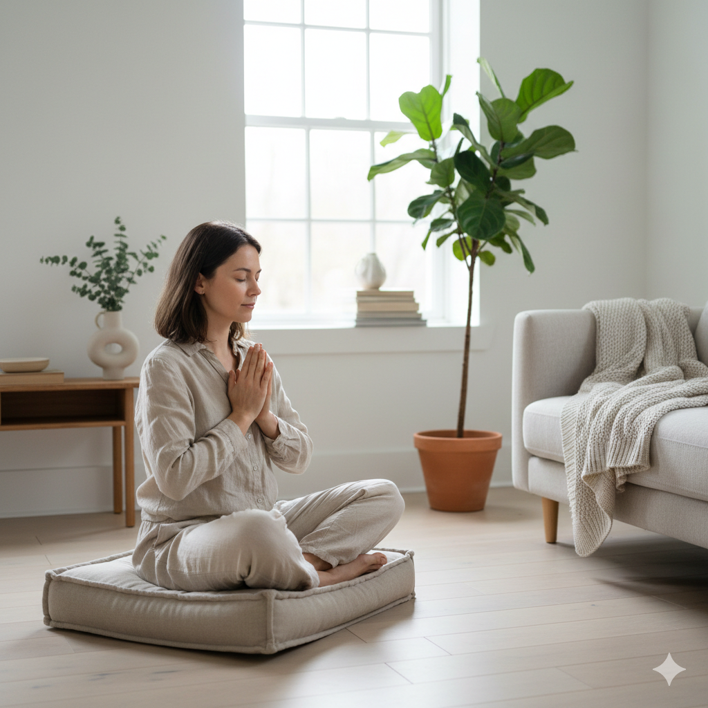 Pessoa em ambiente doméstico tranquilo realizando mantras e orações para promover equilíbrio e serenidade no lar.