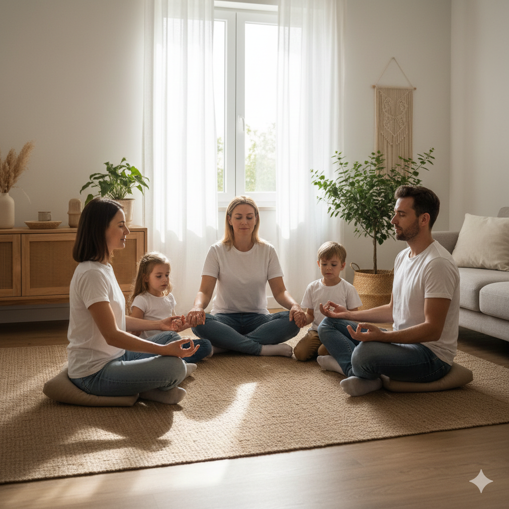 Família reunida na sala realizando mantras e orações de forma tranquila e harmoniosa.