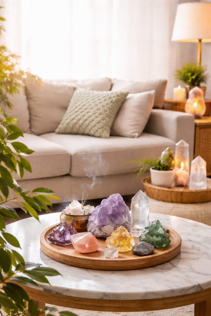 Cristais naturais posicionados em uma sala de estar harmoniosa, com ametista, quartzo rosa, citrino e quartzo transparente sobre uma mesa de centro, criando um ambiente de equilíbrio e boas energias.