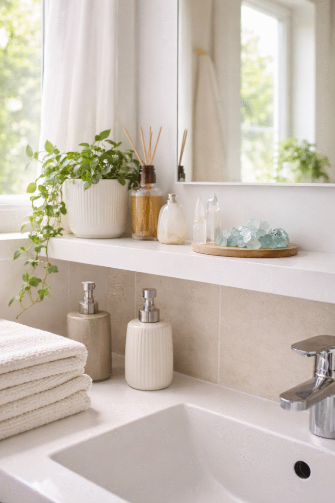 Cristais de selenita, quartzo transparente e água-marinha posicionados em prateleira no banheiro para purificação e limpeza energética do ambiente.