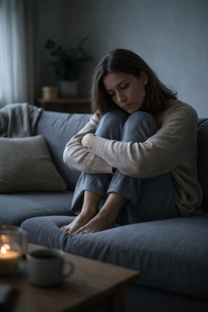 Mulher sentada no sofá em um ambiente silencioso e com pouca luz, demonstrando tristeza e introspecção, representando o impacto das emoções no ambiente do lar.