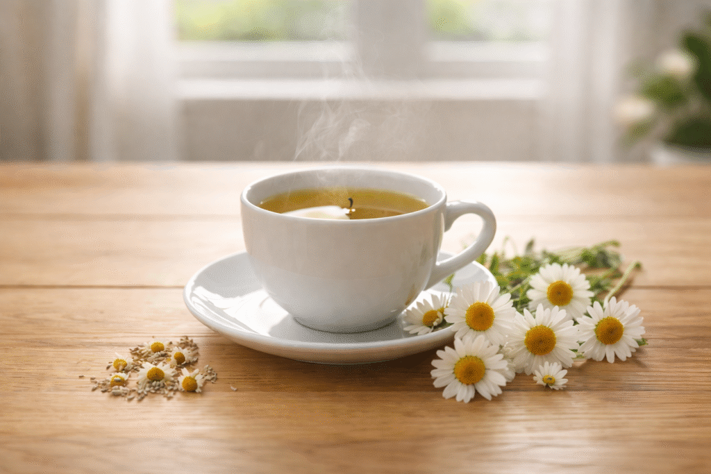 Xícara de chá de camomila com flores frescas, transmitindo calma e redução de ansiedade