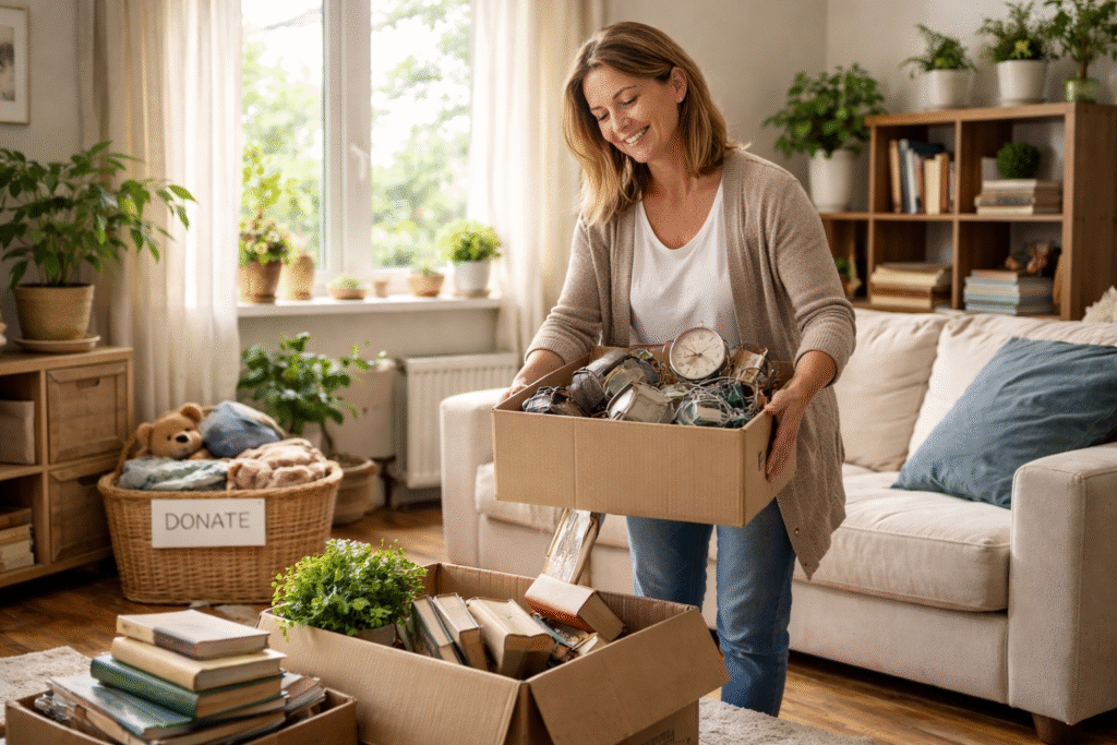 Pessoa organizando e descartando objetos que acumulam energia negativa, promovendo harmonia no lar.