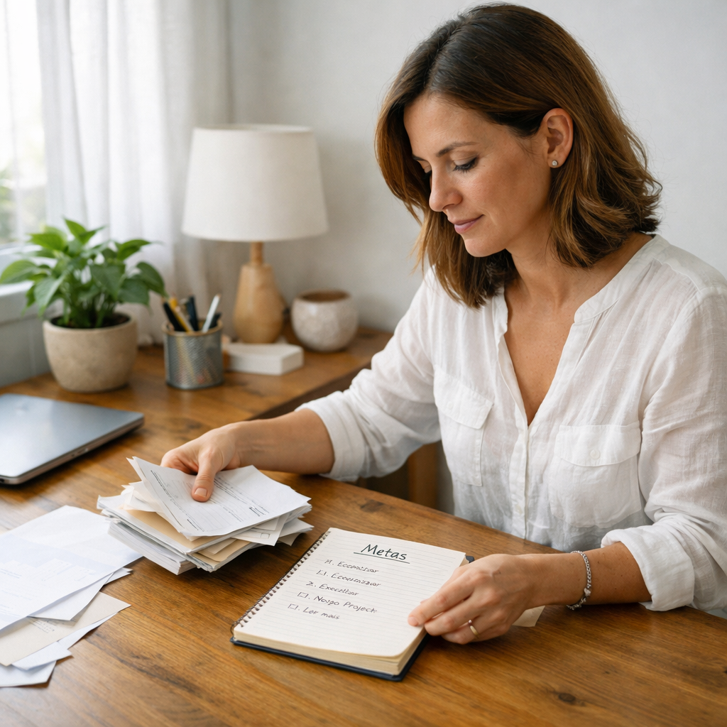 Mulher organizando mesa de trabalho com caderno de metas aberto e luz natural, representando prática consciente da Lei da Atração Dentro de Casa.