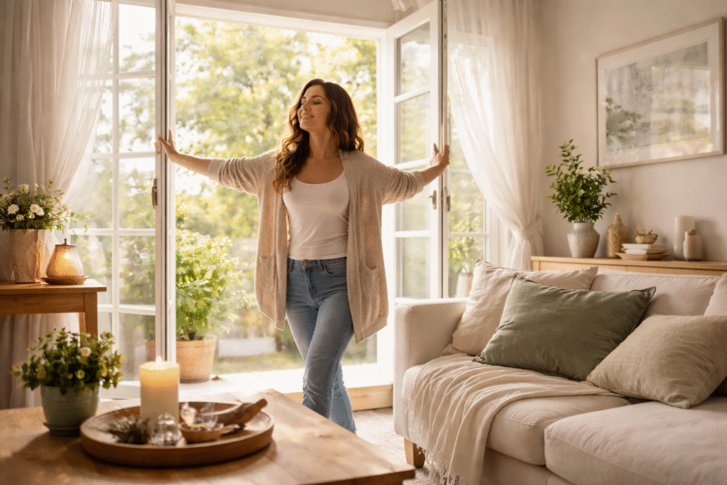 Mulher abrindo as janelas da sala iluminada pelo sol enquanto realiza limpeza energética do ambiente, com plantas, vela e atmosfera acolhedora de renovação após visitas