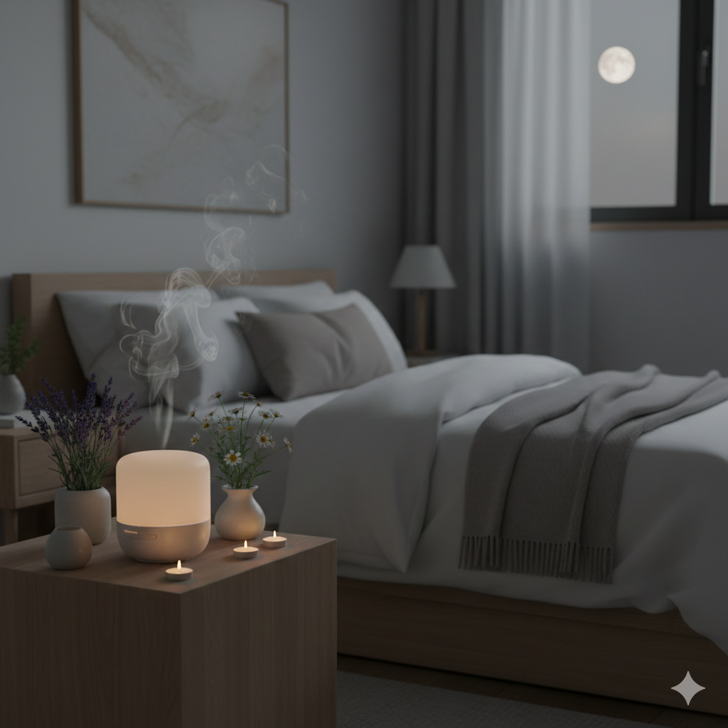 Quarto minimalista e iluminado, com velas, difusor de aromas e plantas, ideal para ritual noturno para dormir melhor