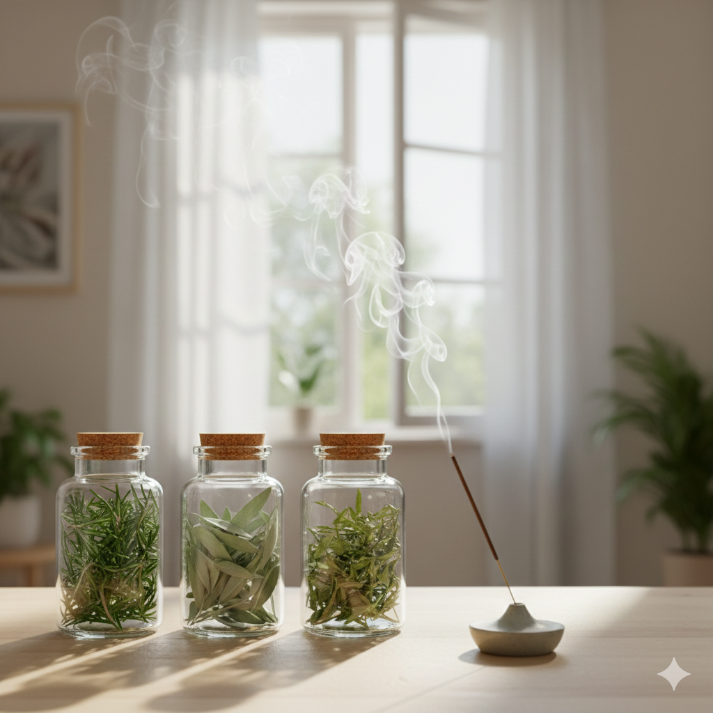 Defumação com alecrim em ambiente doméstico, purificando energias e reduzindo ansiedade