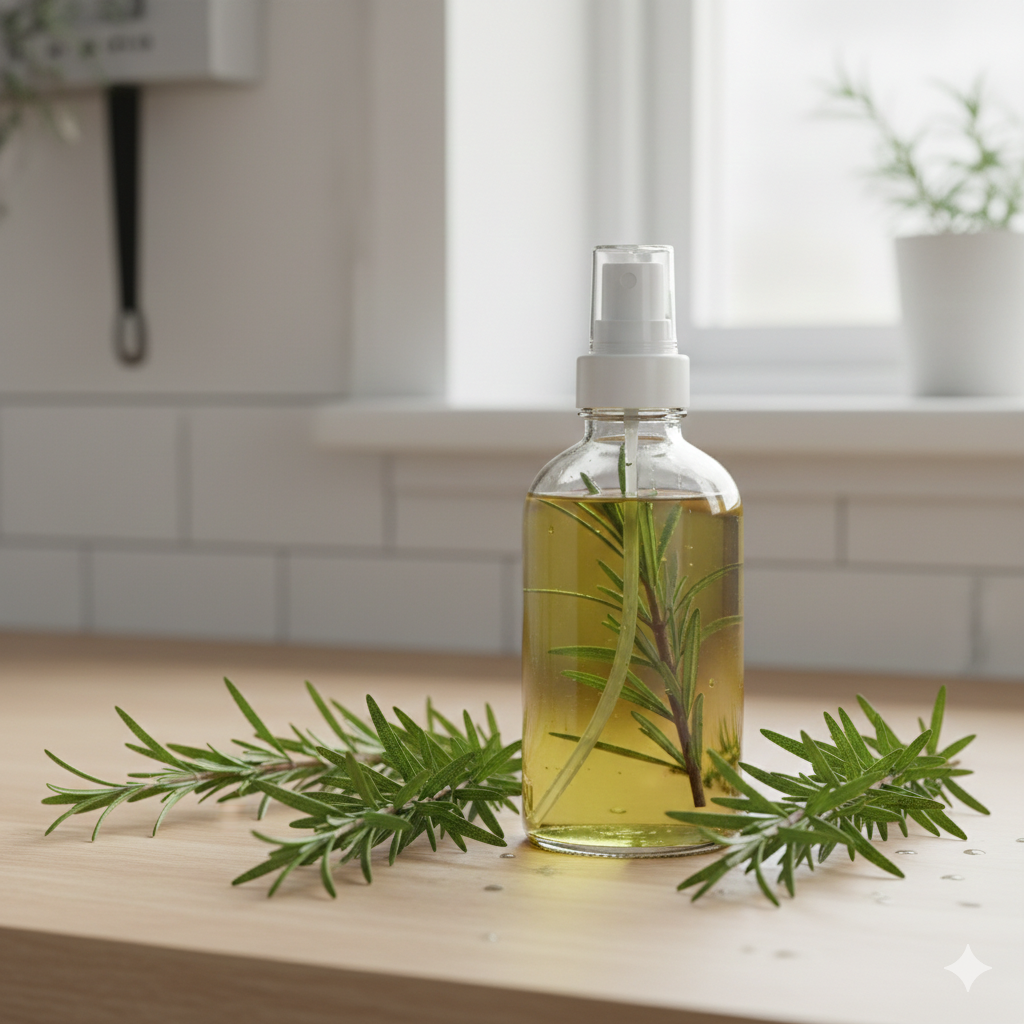 Frasco spray com infusão de alecrim ao lado de ramos frescos sobre bancada.