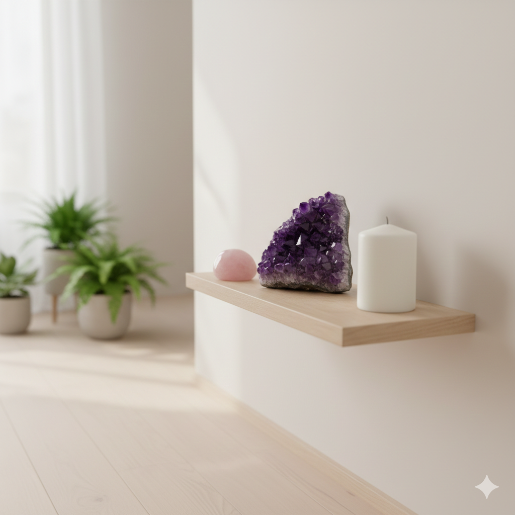 Pequeno altar doméstico com ametista e quartzo rosa, representando cristais para ansiedade usados de forma simbólica e consciente no ambiente.