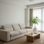 Sala organizada e iluminada simbolizando equilíbrio e prosperidade financeira dentro de casa.