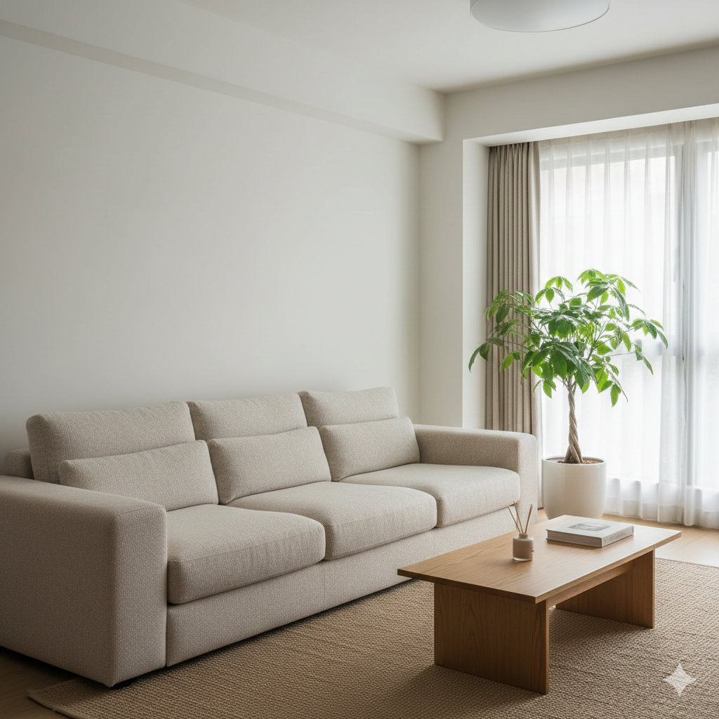 Sala organizada e iluminada simbolizando equilíbrio e prosperidade financeira dentro de casa.