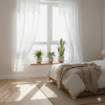 Janela aberta permitindo entrada de luz e ar fresco em quarto organizado, favorecendo bem-estar e equilíbrio mental.