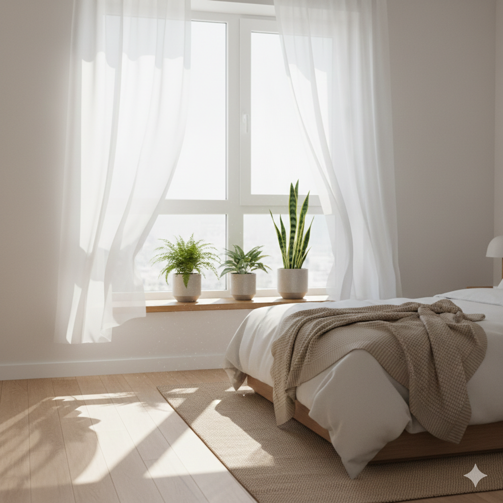 Janela aberta permitindo entrada de luz e ar fresco em quarto organizado, favorecendo bem-estar e equilíbrio mental.