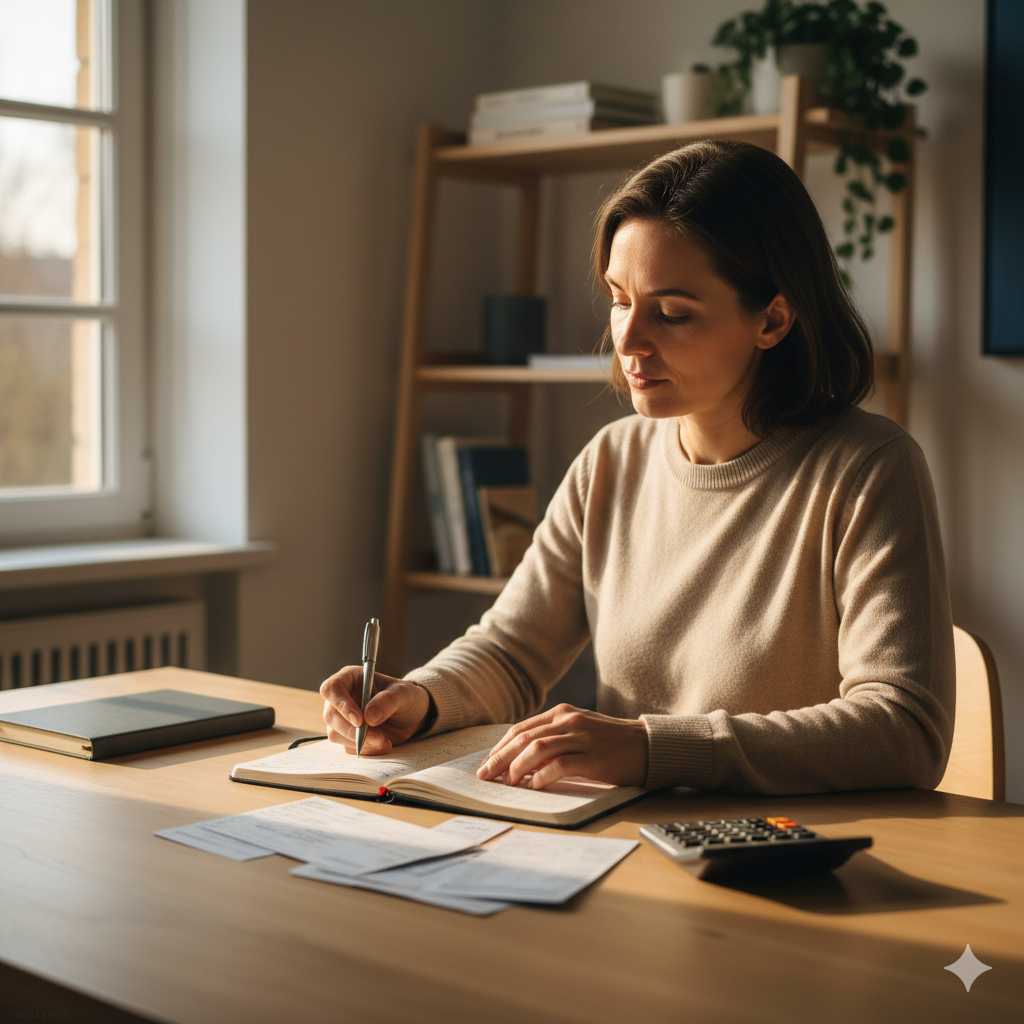 Mulher organizando documentos e metas financeiras em ambiente iluminado representando prosperidade financeira no lar.