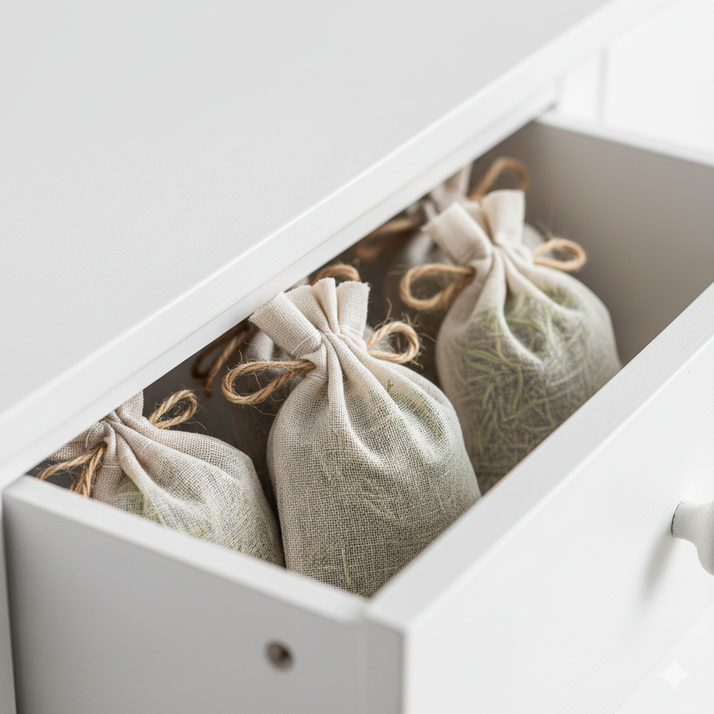 Sachês de alecrim seco dentro de gaveta branca para aromatizar o ambiente.