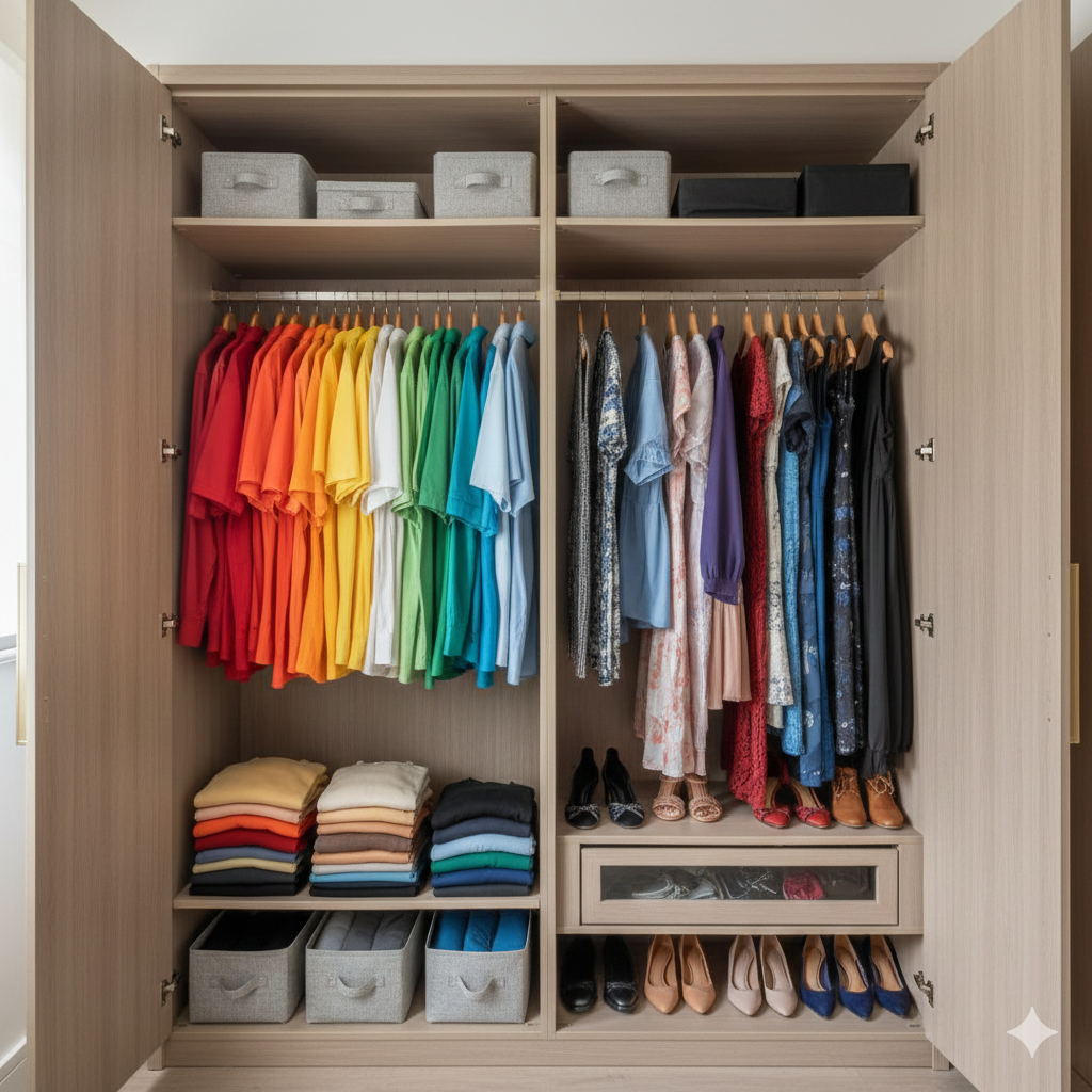 Interior de guarda-roupa organizado por categorias mostrando impacto positivo da organização do quarto no equilíbrio emocional.