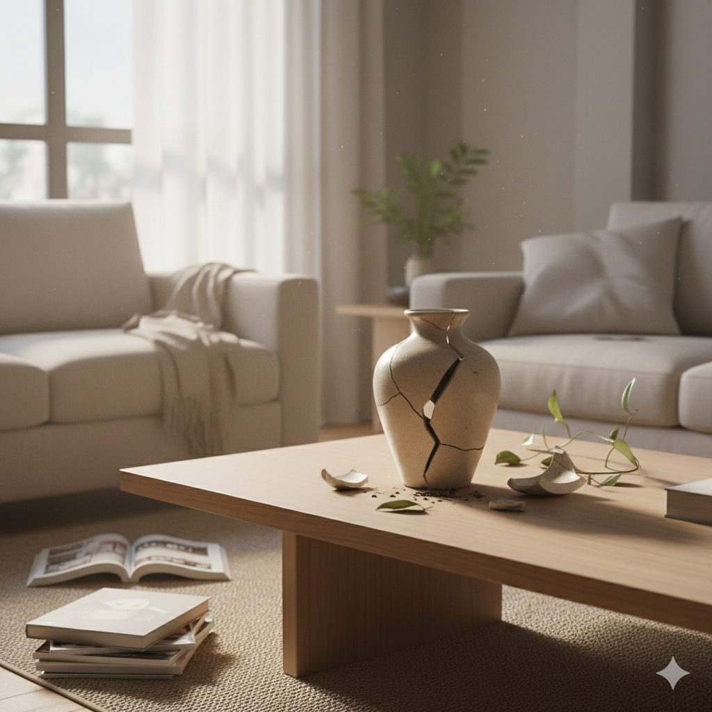 Vaso quebrado sobre mesa de madeira simbolizando o que não ter dentro de casa segundo a espiritualidade e a importância da organização energética.