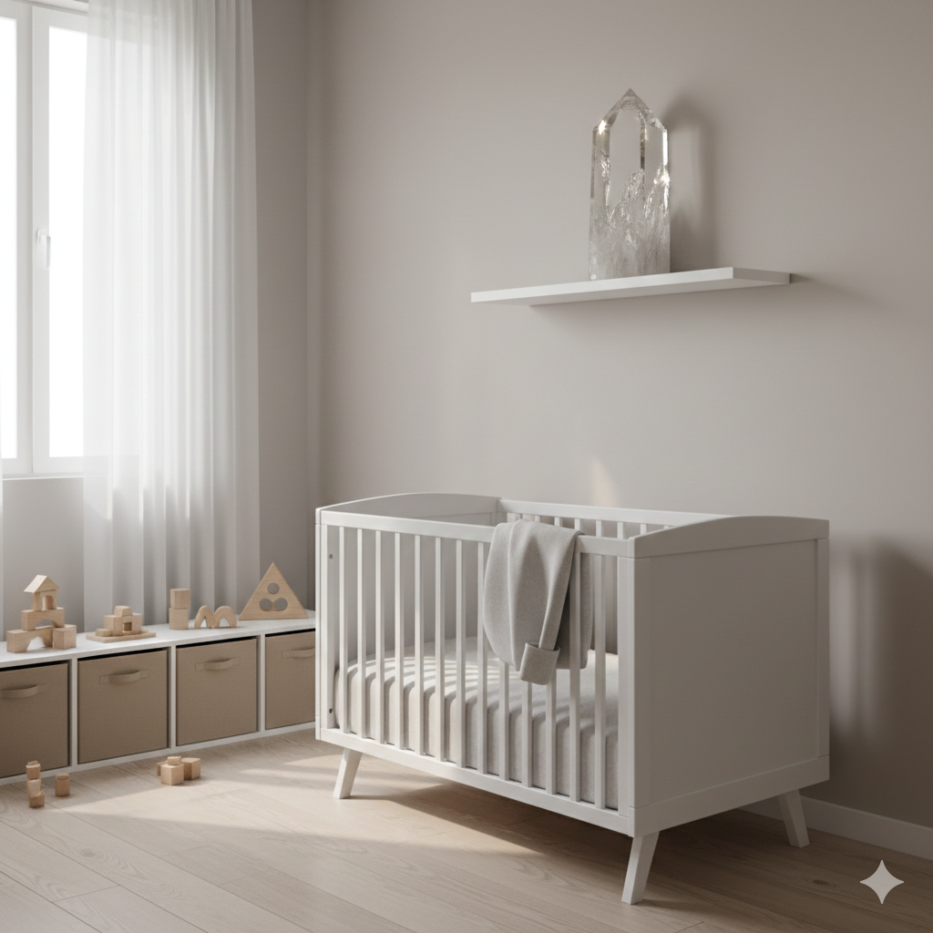 quarto de bebê minimalista em tons neutros de bege e branco. Em destaque, um berço branco moderno posicionado abaixo de uma prateleira alta que contém um cristal de quartzo grande e polido, garantindo segurança fora do alcance da criança.