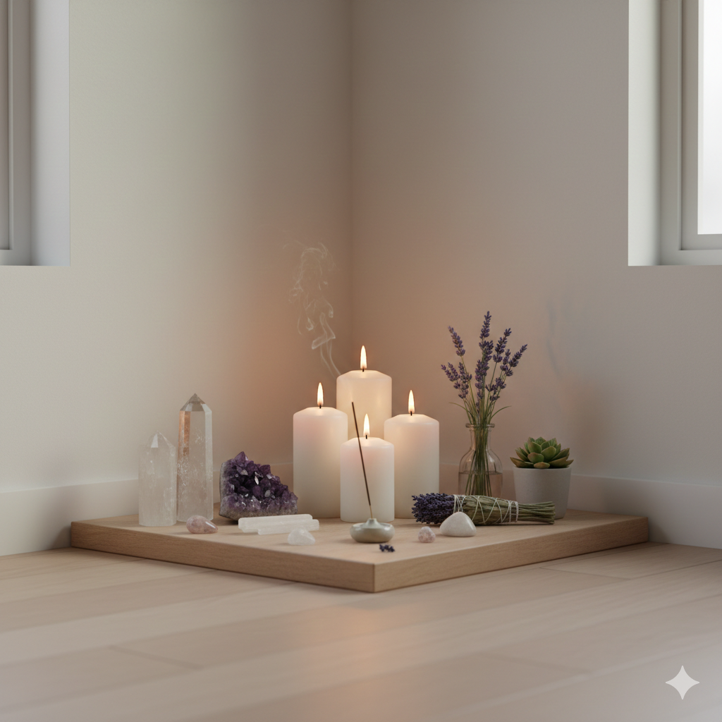 Cantinho com objetos organizados e velas, promovendo equilíbrio e neutralização de energia negativa na casa.