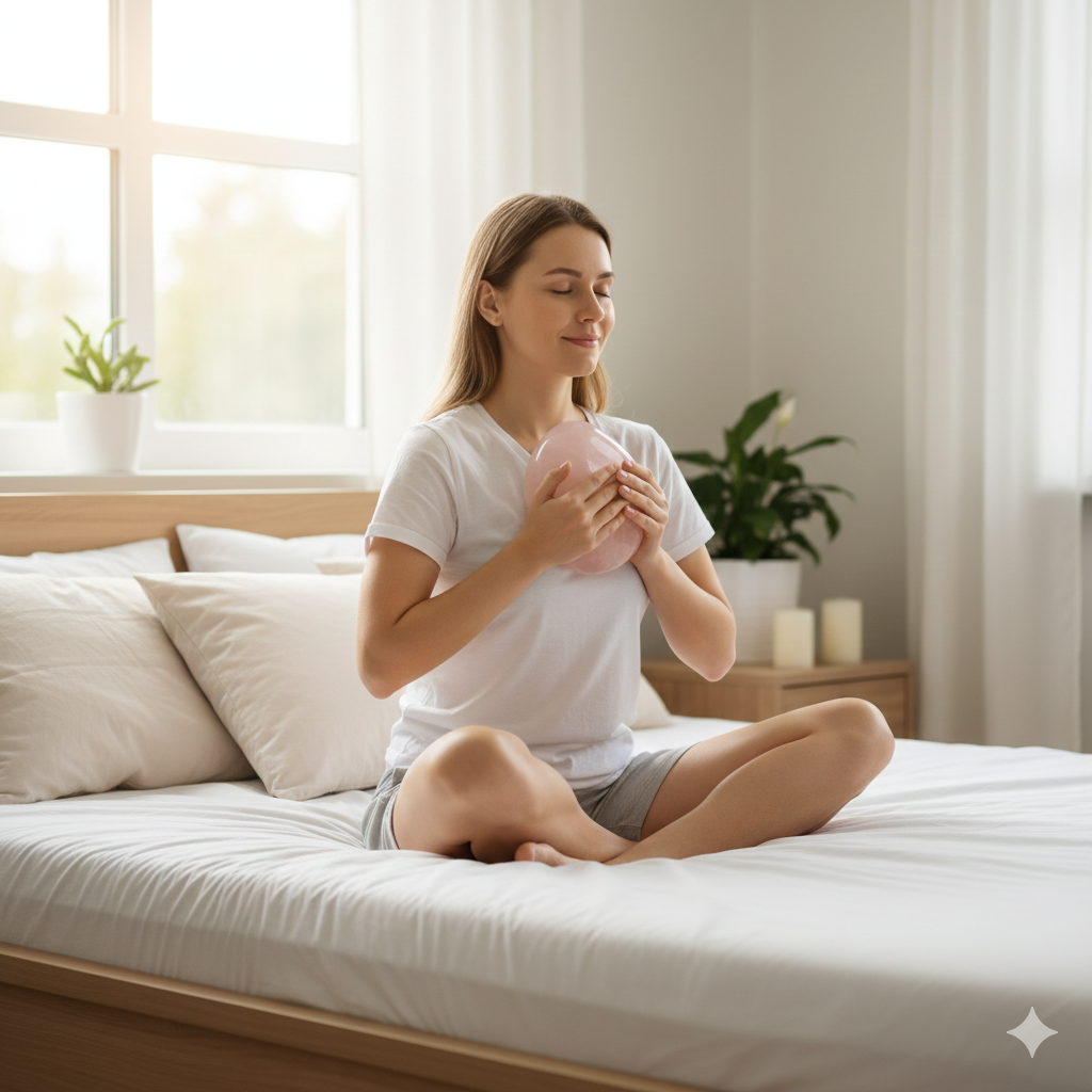 Pessoa segurando quartzo rosa durante exercício de respiração, utilizando cristais para ansiedade como apoio simbólico ao relaxamento mental.