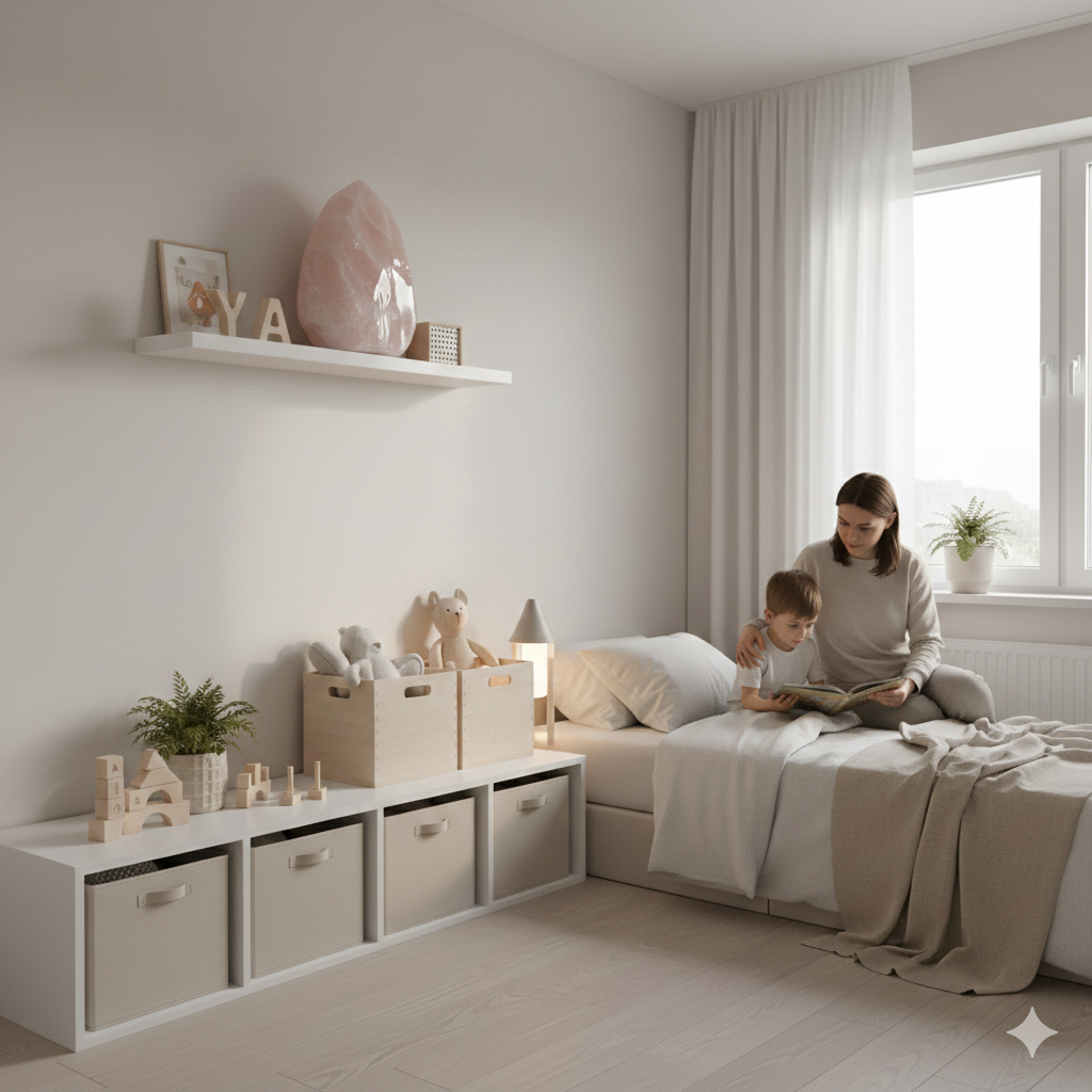 Momento de leitura noturna em quarto infantil organizado com cristal decorativo ao fundo.