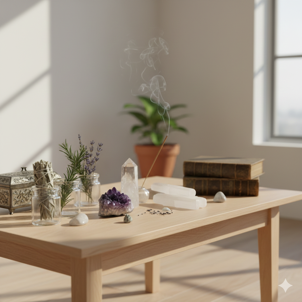 CMesa com cristais e ervas para purificar objetos com energia negativa no lar.