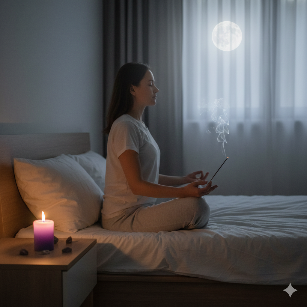 Pessoa meditando na cama com vela e incenso acesos, realizando ritual noturno de limpeza energética para melhorar a qualidade do sono e harmonizar o ambiente.