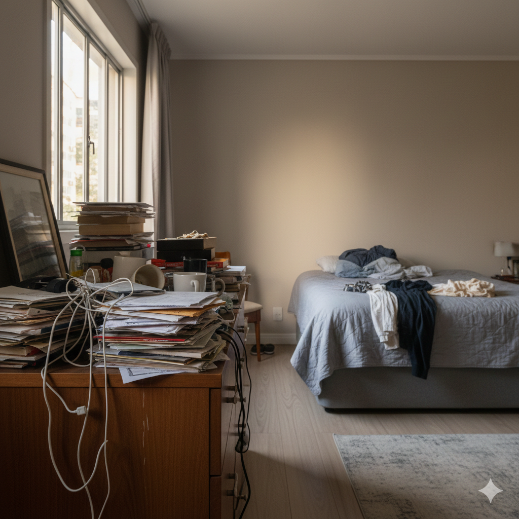 Cômoda com objetos acumulados mostrando como o excesso pode influenciar a energia da casa segundo princípios da espiritualidade.