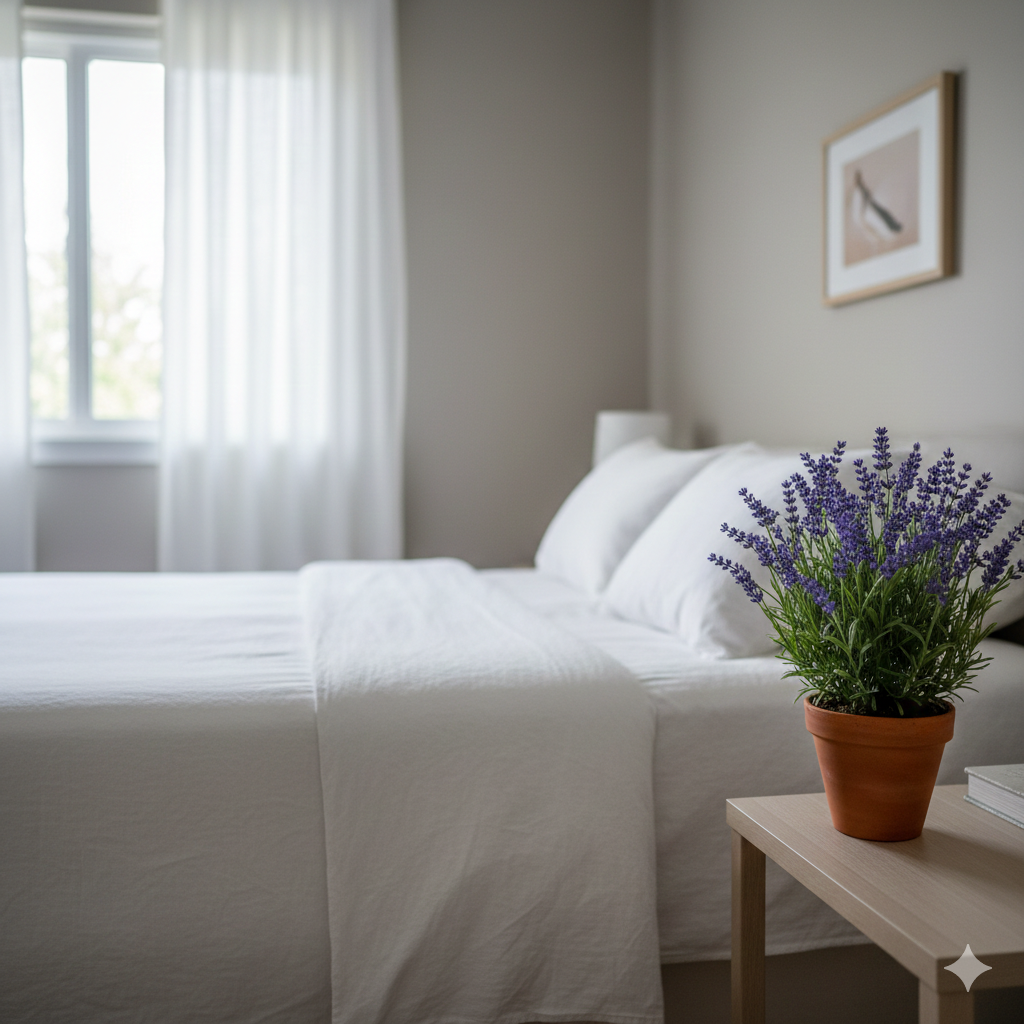 Vaso de lavanda natural sobre mesa de cabeceira em quarto organizado e iluminado.