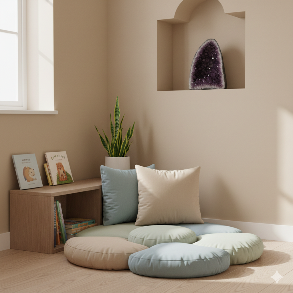 Espaço infantil organizado com ametista decorativa simbolizando cristais para crianças e ambiente tranquilo.