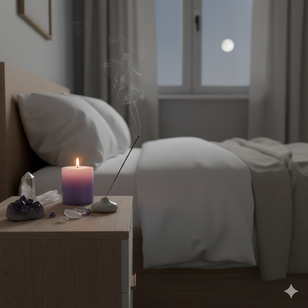 Quarto iluminado por vela e incenso para ritual noturno de limpeza energética, promovendo sono tranquilo e proteção espiritual.