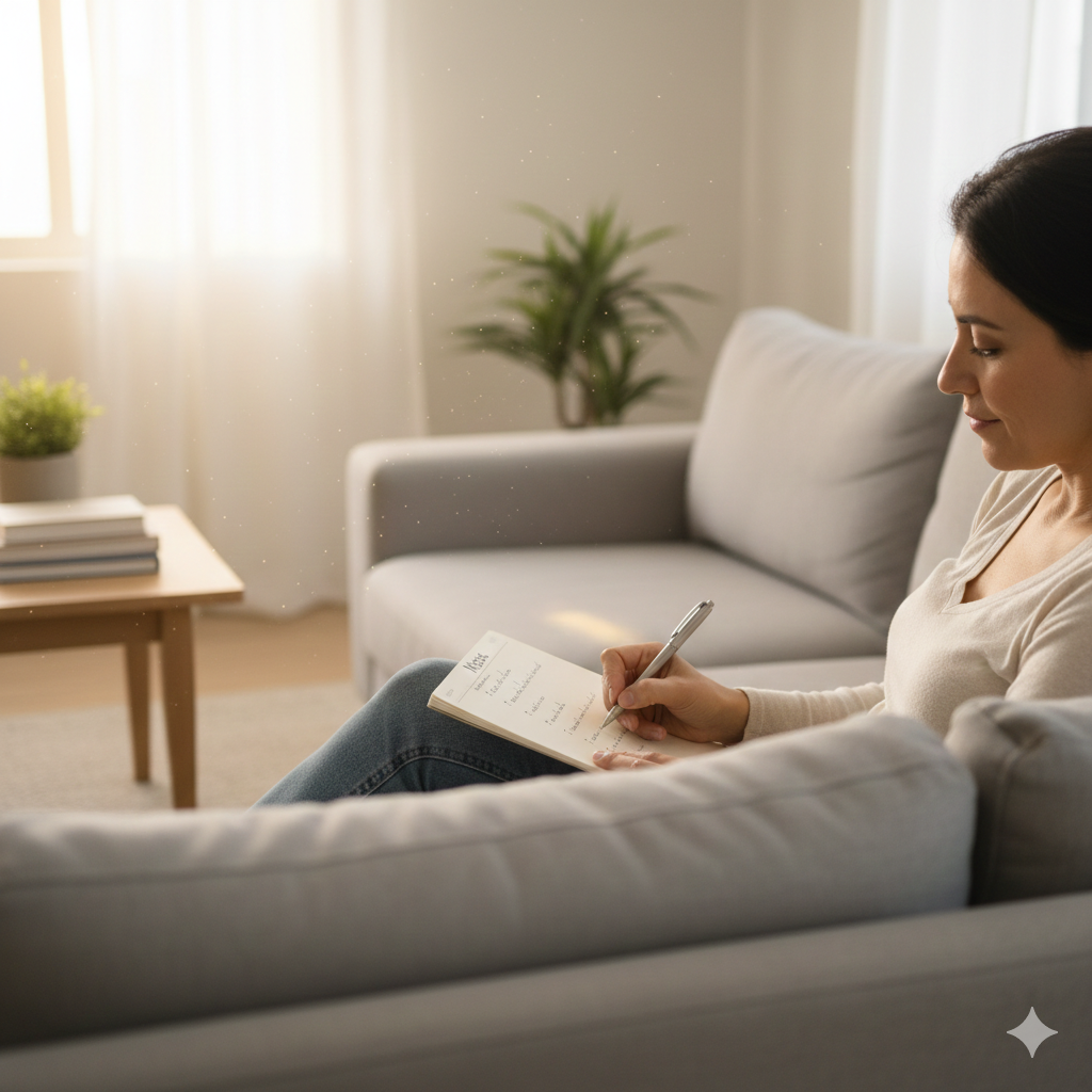 Espaço doméstico com quadro de metas e decoração minimalista representando uso simbólico da Lei da Atração Dentro de Casa.