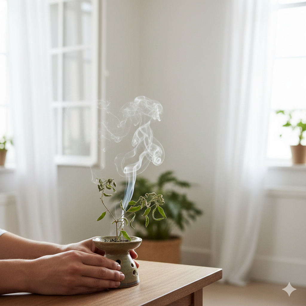 Defumação leve com arruda em ambiente ventilado e organizado.