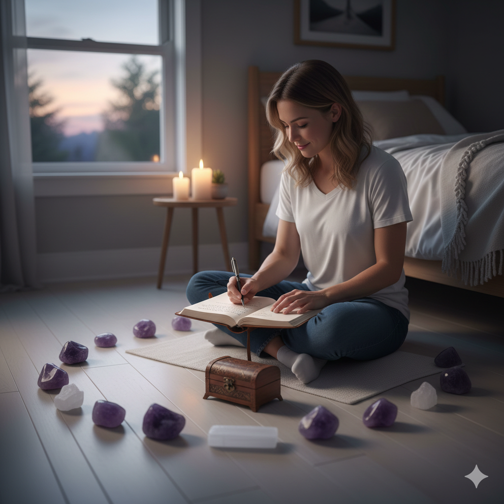 Pessoa escrevendo preocupações em papel e utilizando cristais para ritual noturno de limpeza energética, promovendo leveza e equilíbrio emocional.