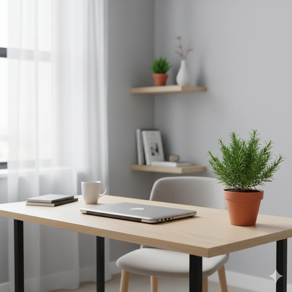 Vaso de alecrim sobre mesa de escritório organizado com iluminação natural.
